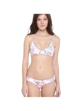 Floral Triangle Bikini Set - White with Pink Floral Accents
